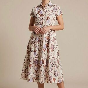 Rachel Zoe Floral Print Tiered Tie Waist Linen Midi Button Down Dress XL